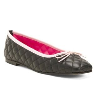 LIBERA MENTE Black Leather pink lining trim Quilted bow Ballet Flats size 10 new